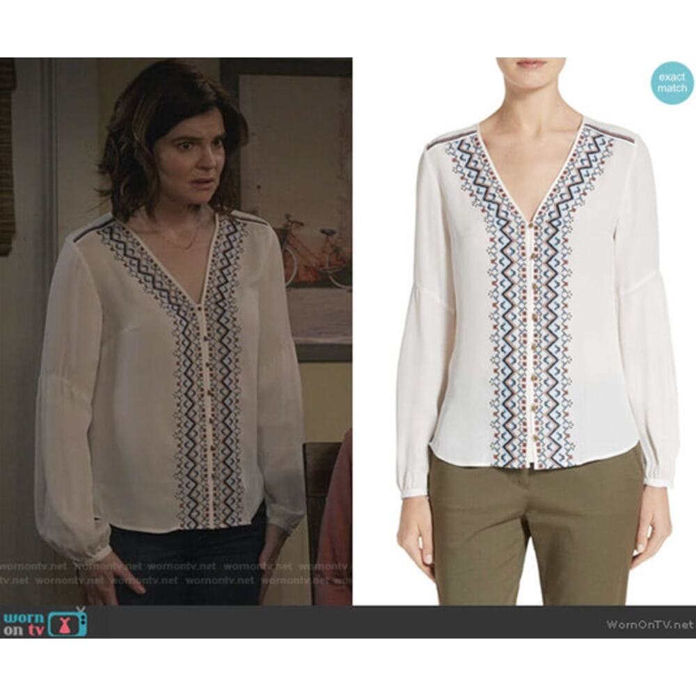 Veronica Beard Dream Long Sleeve Embroidered Silk Blouse Off White - Picture 4 of 12